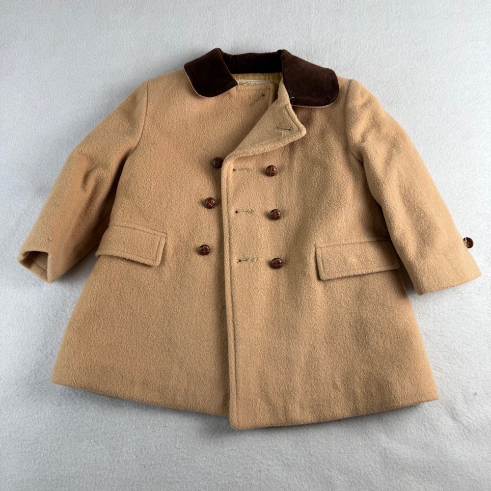 True Vintage 50s Styled Soman Kids Camel Wool‎ Peacoat Velvet Collar Tan Size 4
